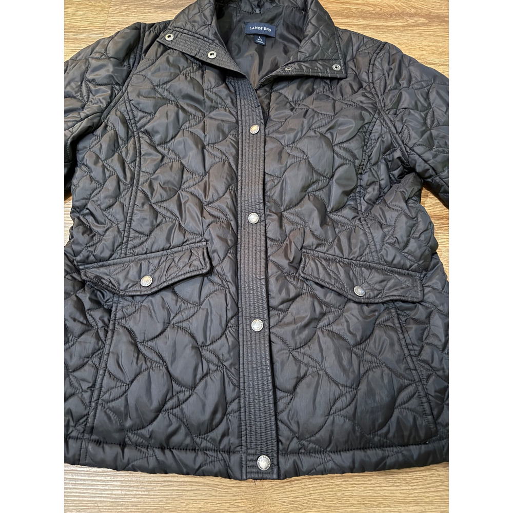 Lands End Womens L 14-16 Black Quilted Jacket Snap Front Lightweight Coat - Picture 6 of 11